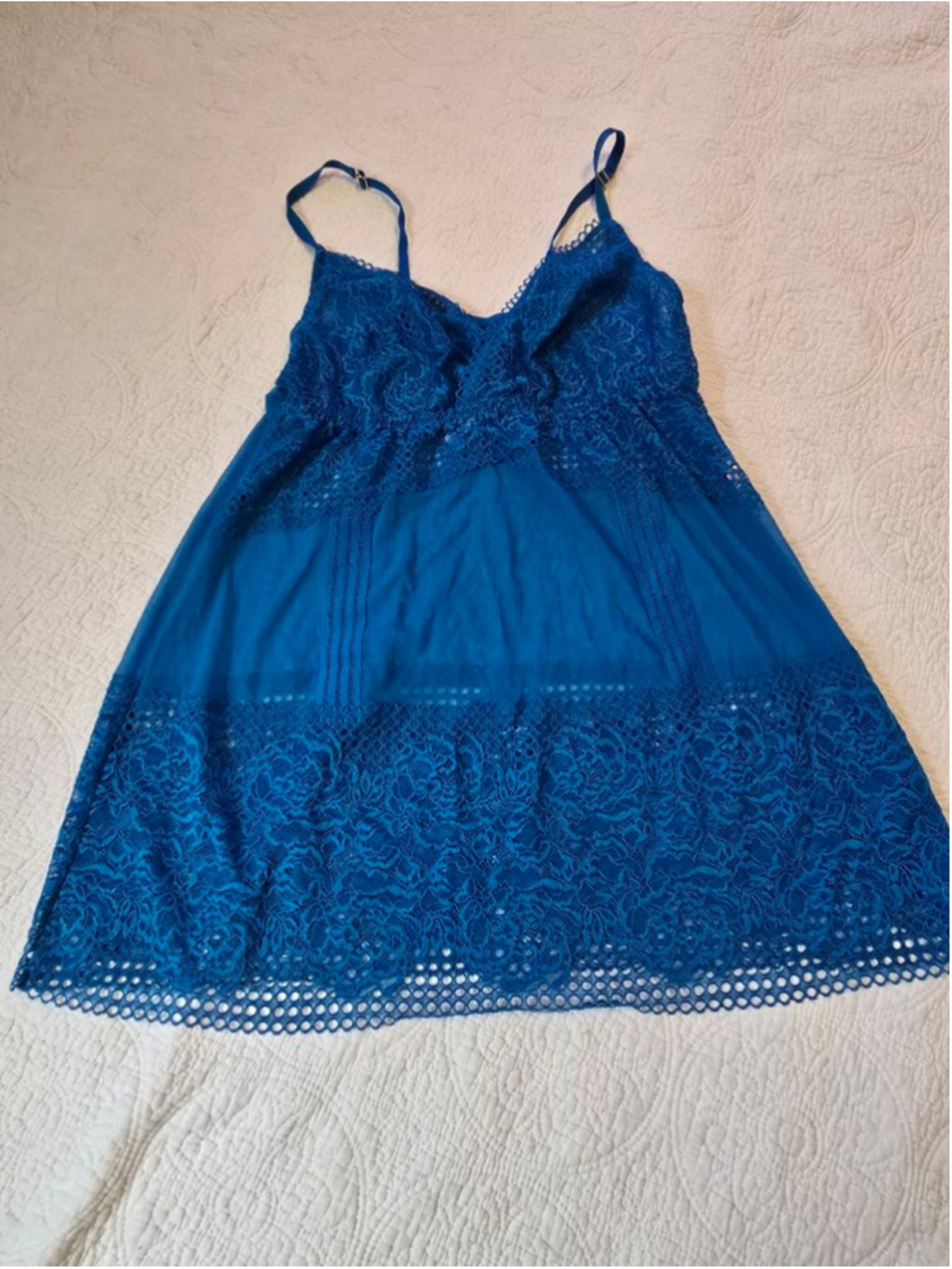 Cacique Vibrant Cobalt Blue Lace Mesh Chemise Slip Plus Size 1X Lingerie Sultry